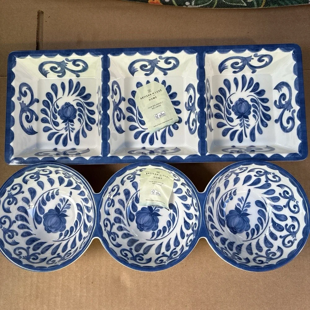 Artisan De Luxe Set Of 2 Melamine Blue Rose Scroll 3-Section Serving Trays NEW